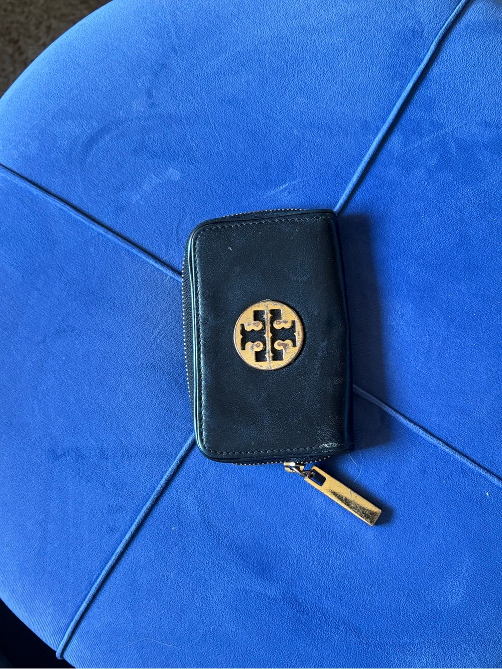 Tory Burch Black Zip Card Case with Gold Logo Accent